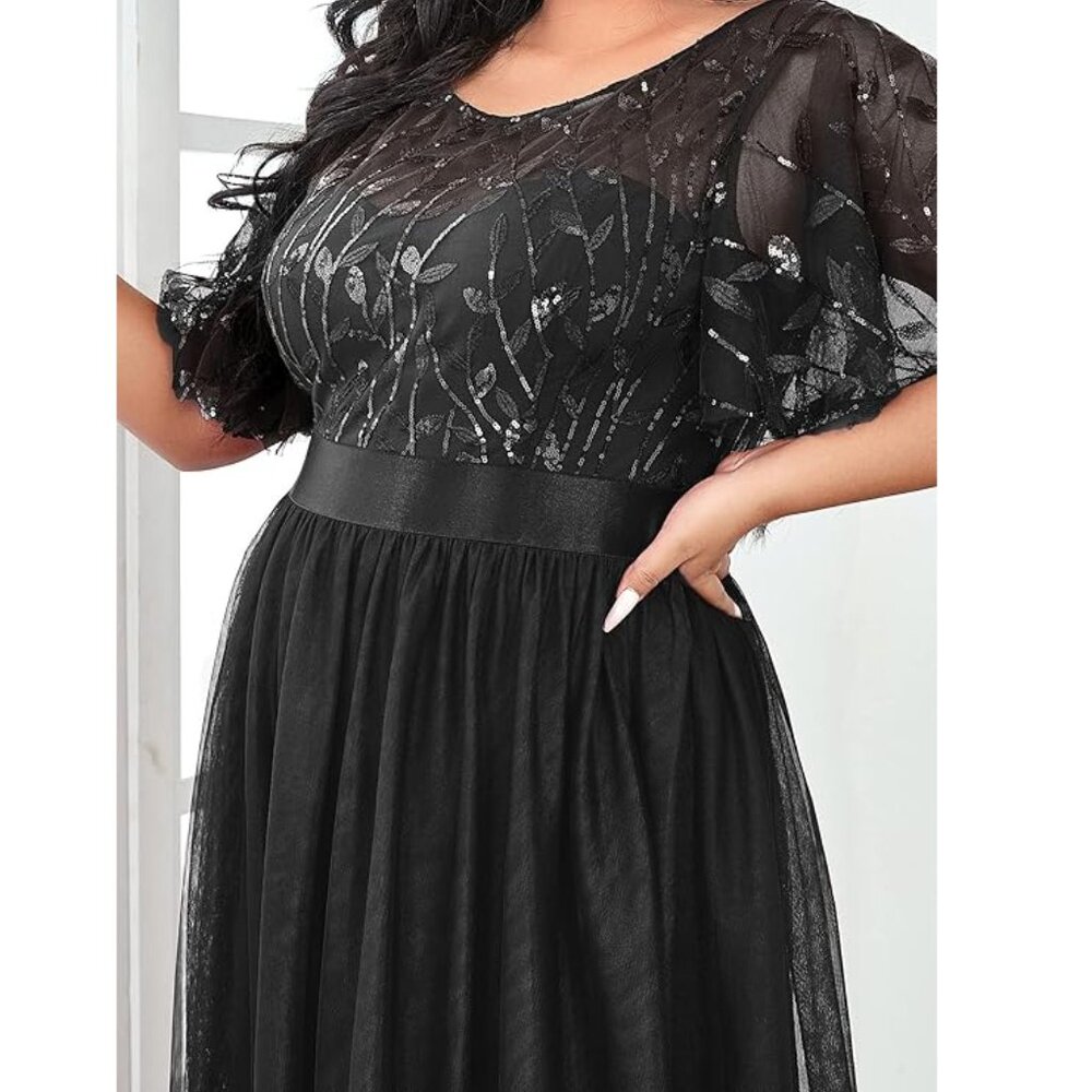 NWT Ever Pretty Black A-Line Tulle Sequin Flutter Sleeve Gown Long Formal Dress - Picture 2 of 11